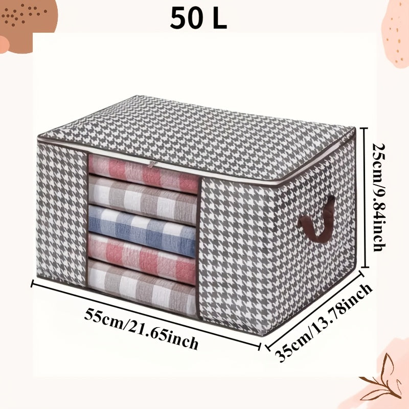 Large Houndstooth Fabric Storage Bag with Zipper Handle for Clothes and Linens