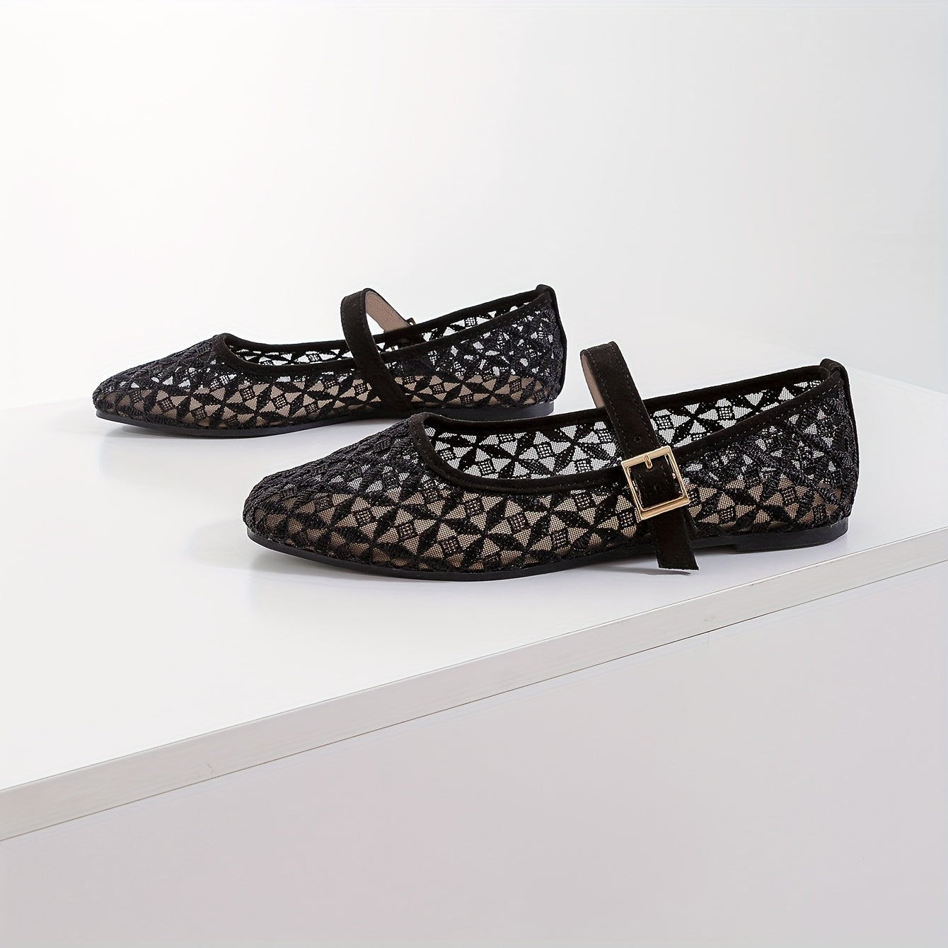 Women's Slip-On Flats with Square Toe Mesh Pattern Adjustable Buckle Casual Office Wear