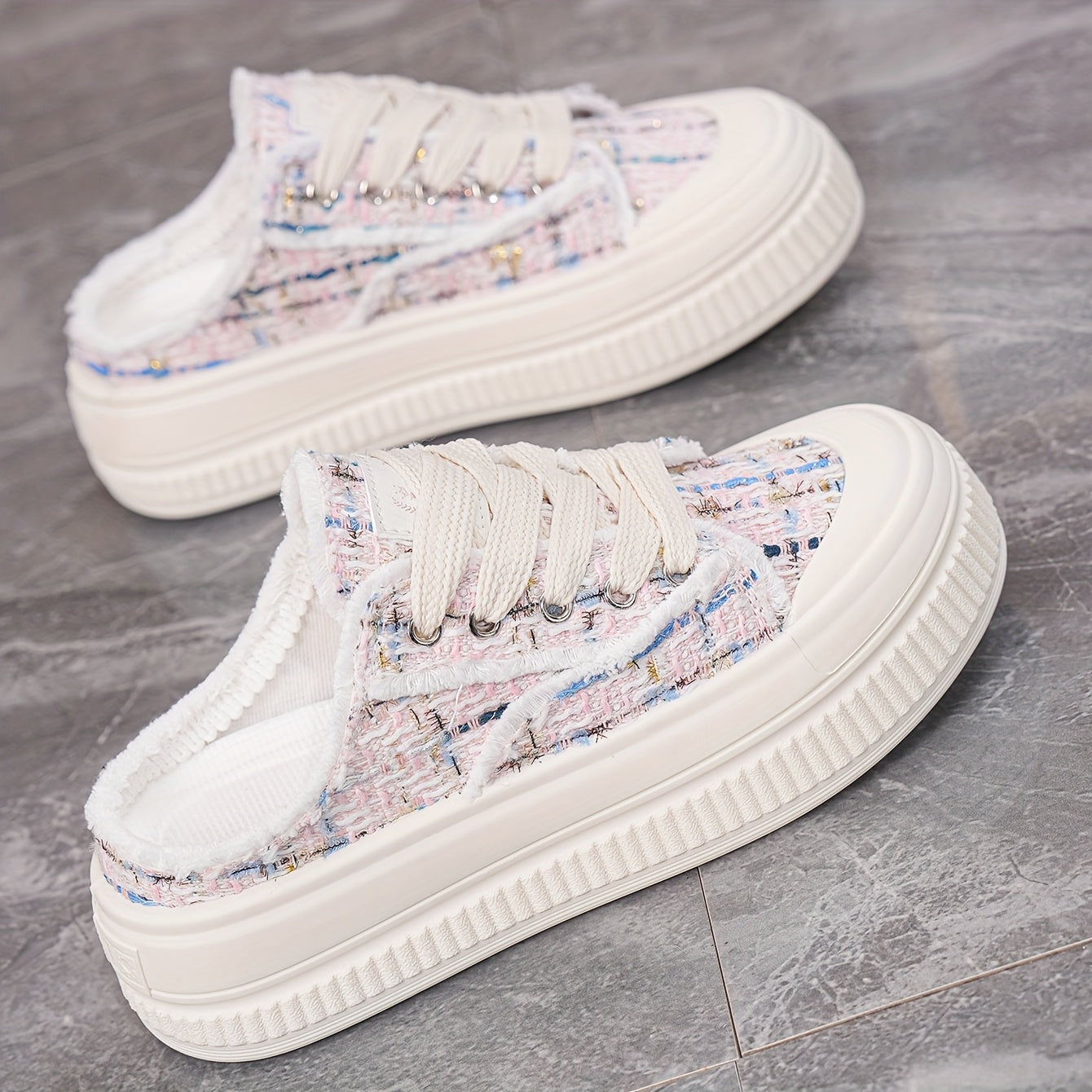 Women's Summer Platform Mules Sneakers Breathable Fabric White Pastel