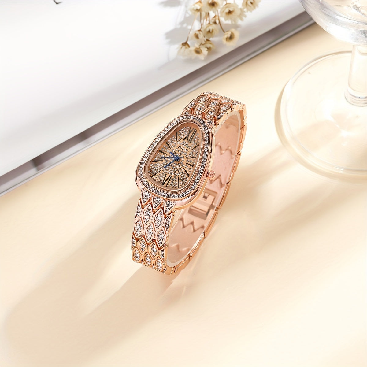 Women's Quartz Watch with Snake-Inspired Design Rhinestone Accents Steel Band Analog Display