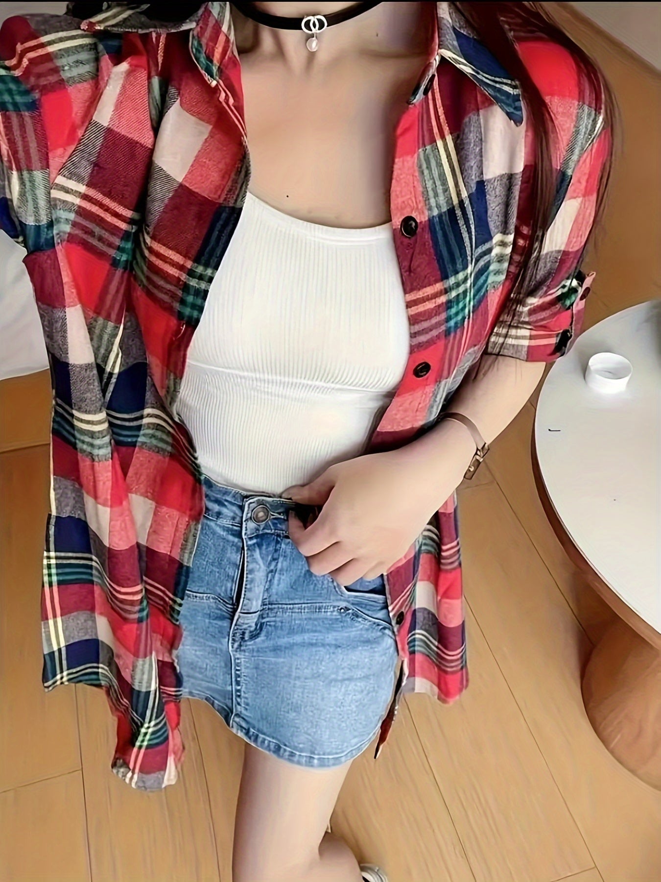 Plus o'lcham ayollar uchun plaid ko'ylagi polyester uzun qo'lli to'qilgan bluz