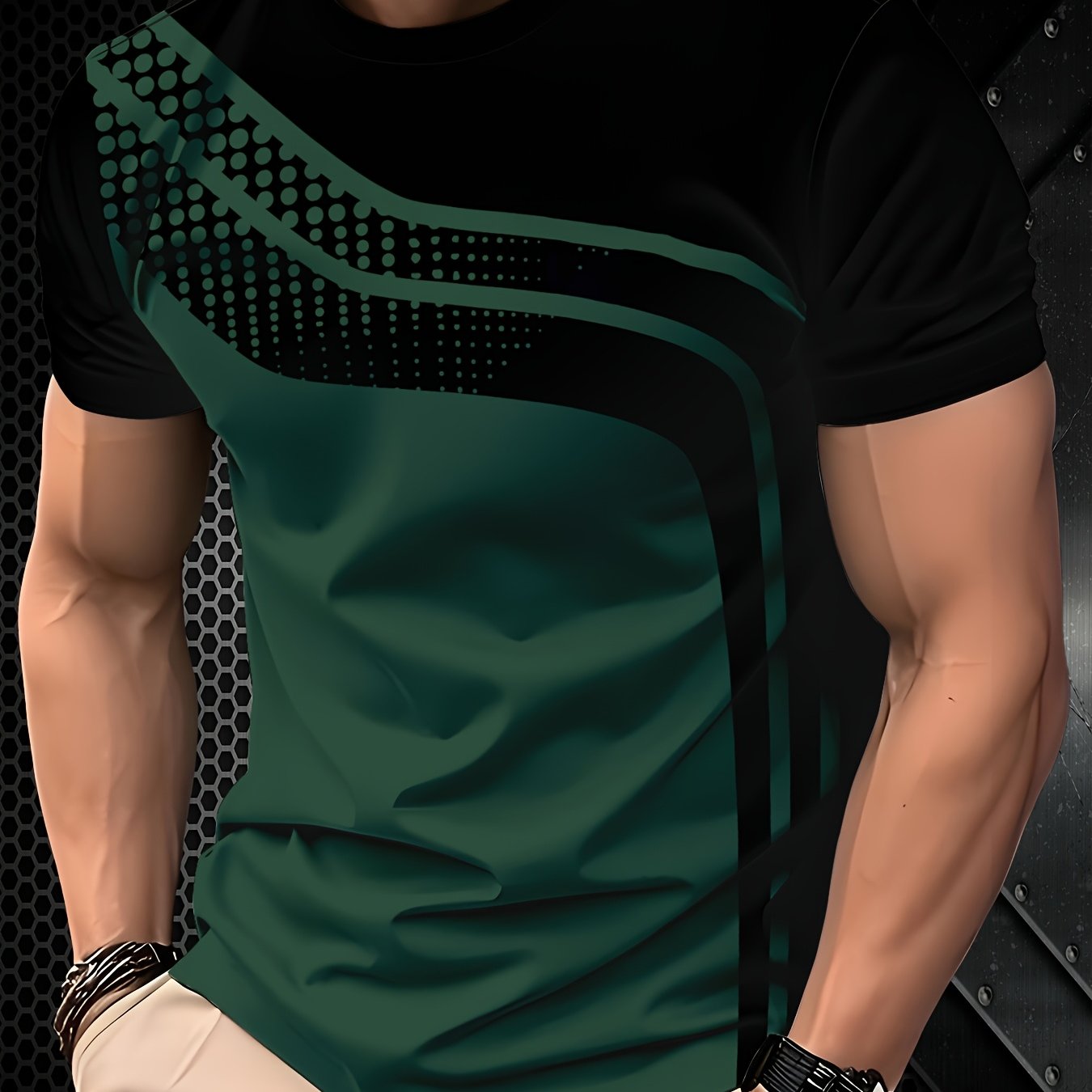 Zamonaviy erkaklar uchun qora va kulrang chiziqli qisqa yengli futbolka, raqamli bosma bilan. Havo o'tkazuvchi, namni yutuvchi polyesterdan tayyorlangan. Mustahkam va mashinada yuvish uchun qulay. Norasmiy yoki rasmiy kiyim uchun mukammal.