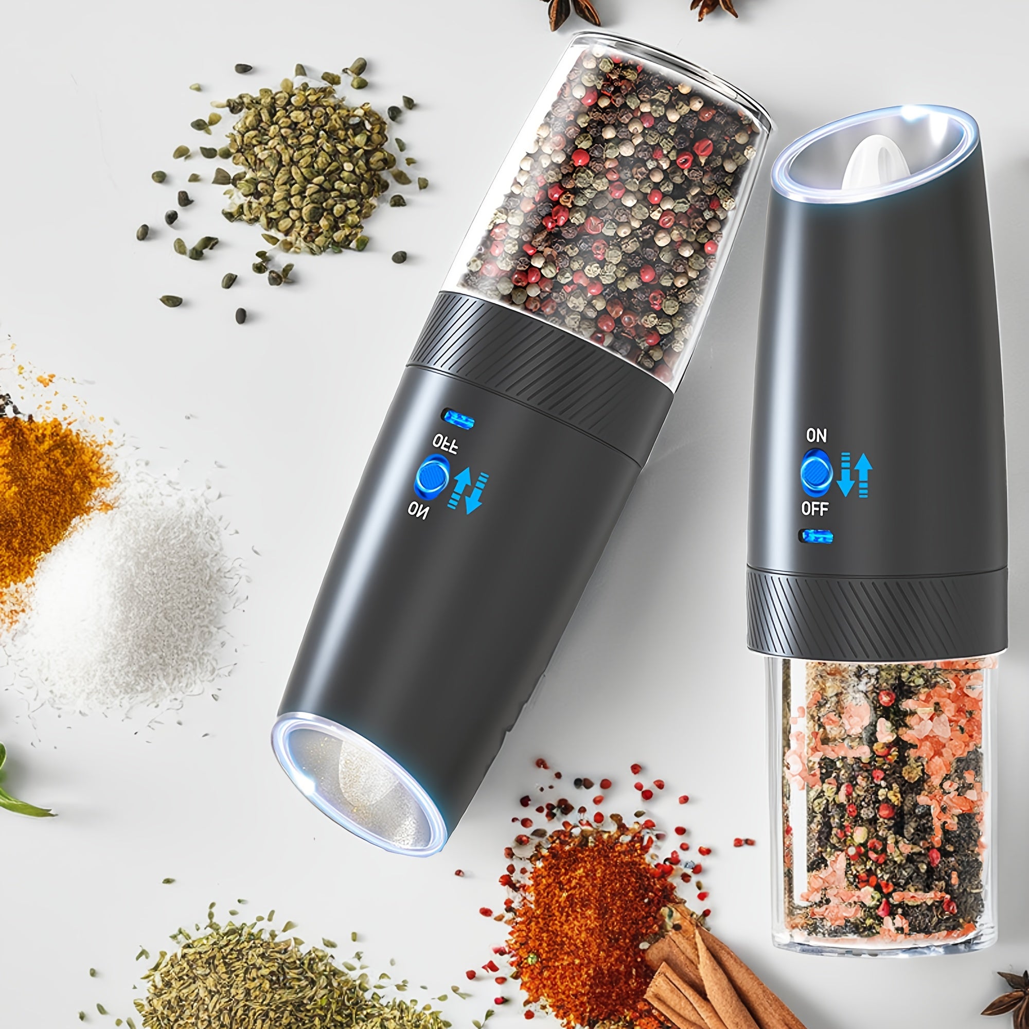 2-to'plamli qayta tiklanadigan elektr qalampir va tuz maydalagich to'plami, tortishish bilan sezgir LED chiroq, USB zaryadlash, 5000 RPM