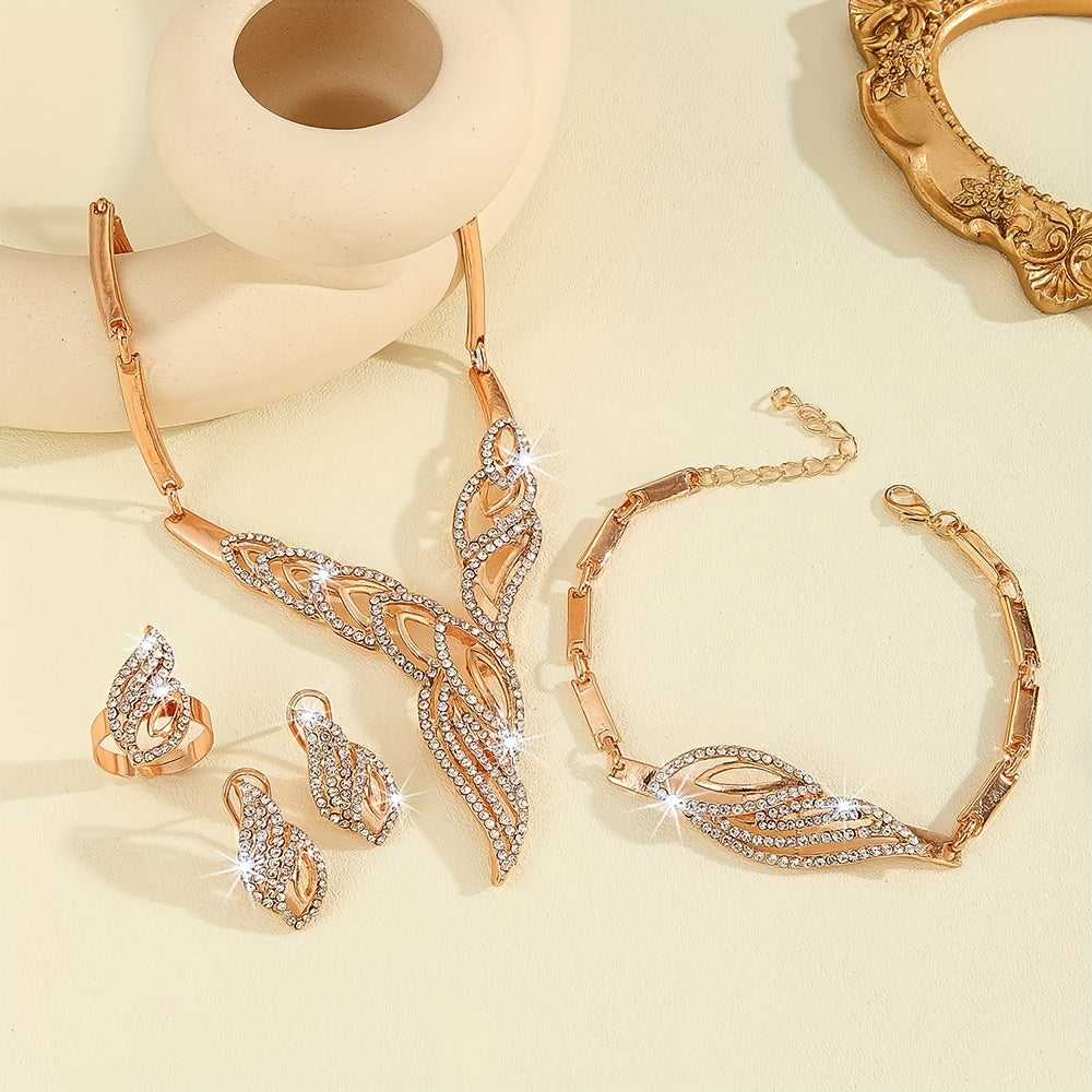Gold Plated Jewelry Set with Earrings Necklace Bracelet and Ring for Women