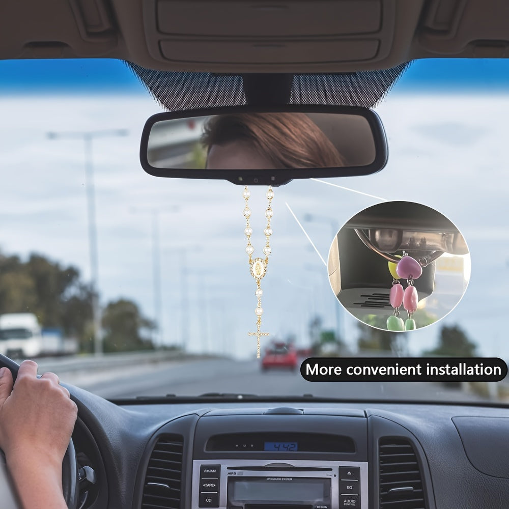 Umumiy foydalanish uchun mo'ljallangan, sun'iy marjonli Maryam Xochi Rosary Bead Avtomobil uchun lampa ichki aksessuari