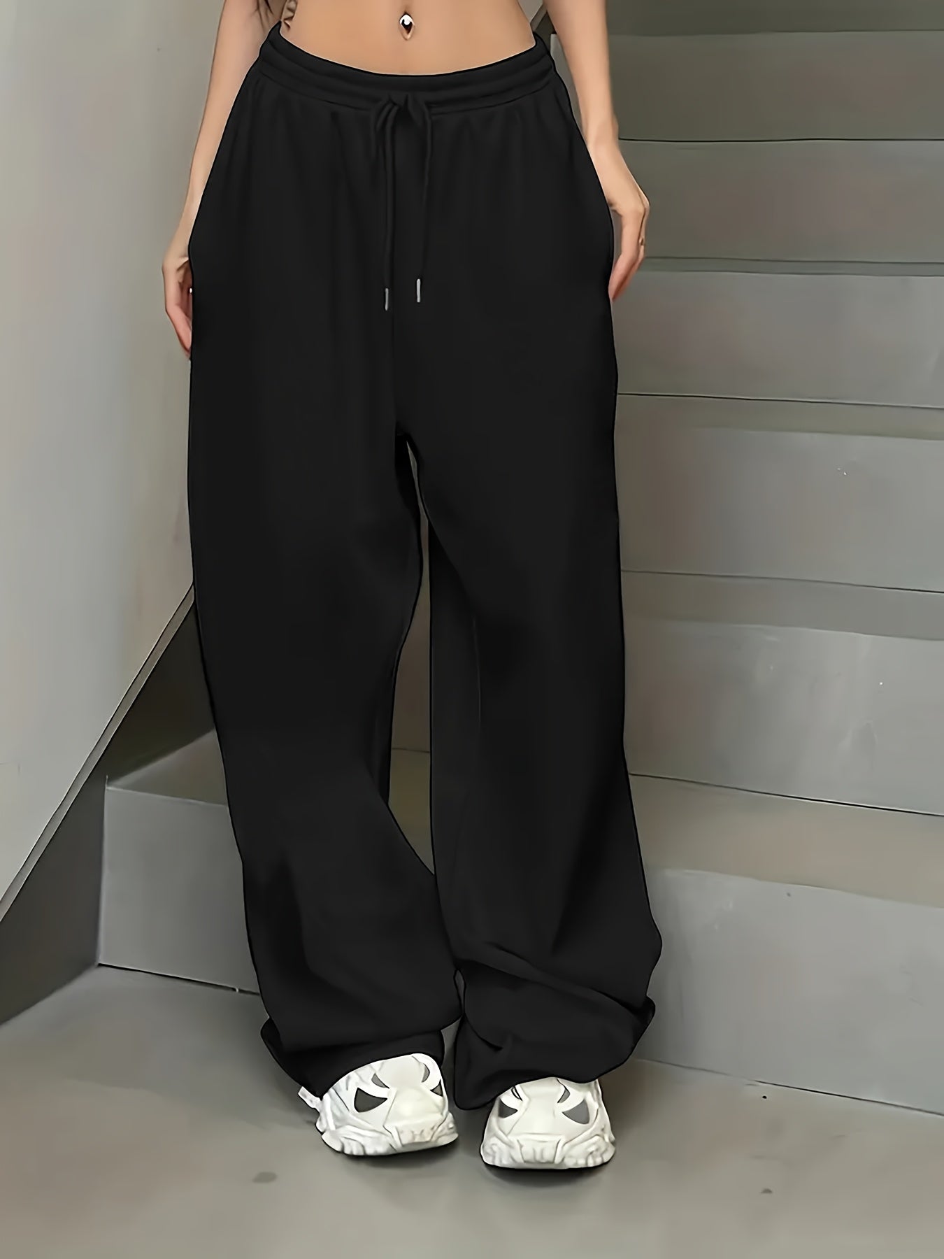 Женские черные прямые джоггеры - Повседневные спортивные брюки с шнурком на талии, машинная стирка, легкий полиэстер, комфортная посадка для весны и осени.