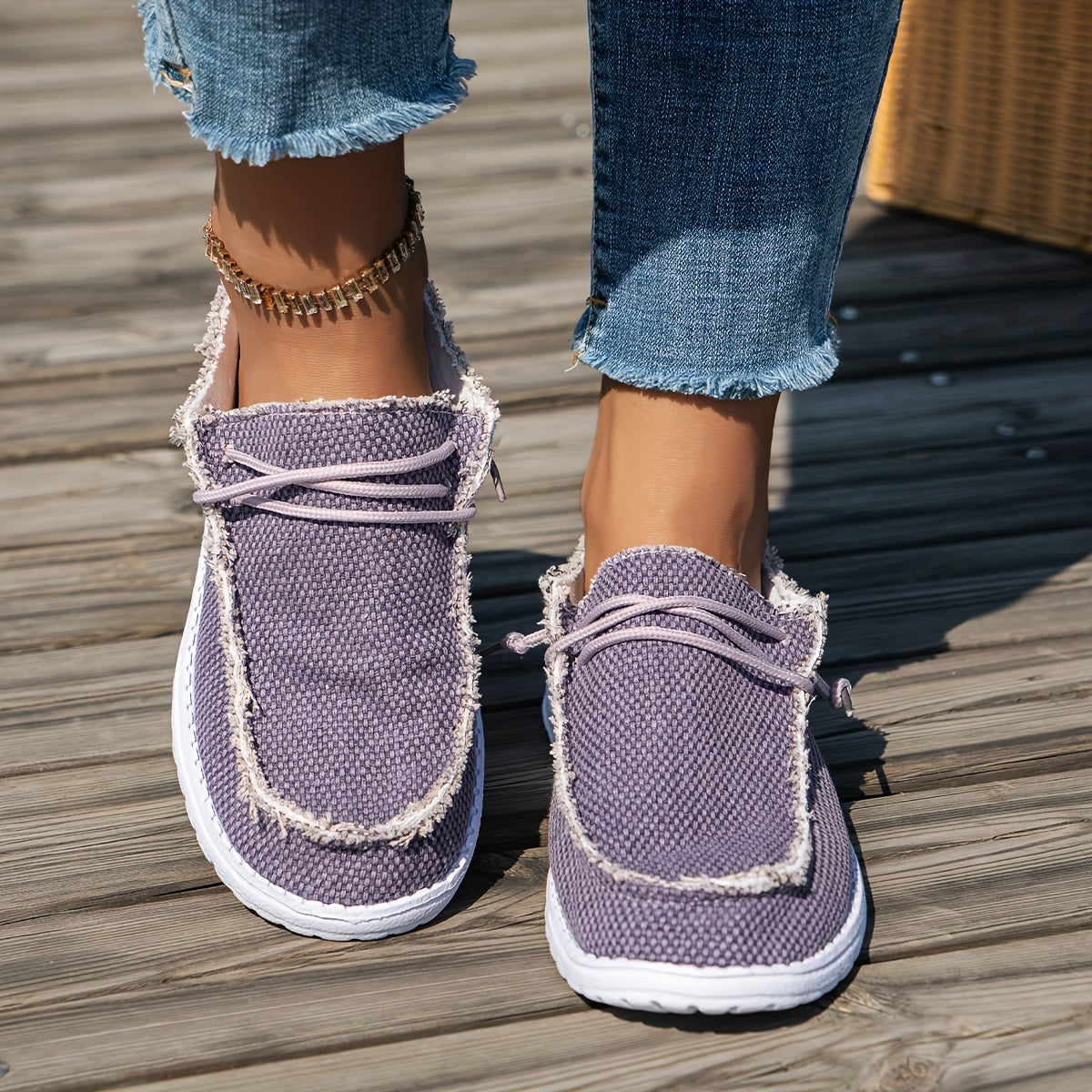 Women’s Breathable Solid Color Slip-On Loafers with Patterned Design