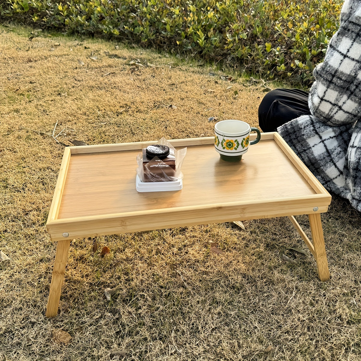 Folding Bamboo Table with Tray Adjustable for Bed Sofa Outdoors