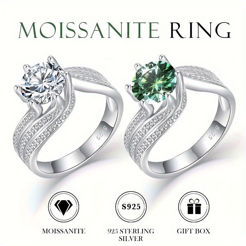 Vintage 2.0CT Moissanite Engagement Ring for Women with 6-Prong Side-Stones in Sterling Silver