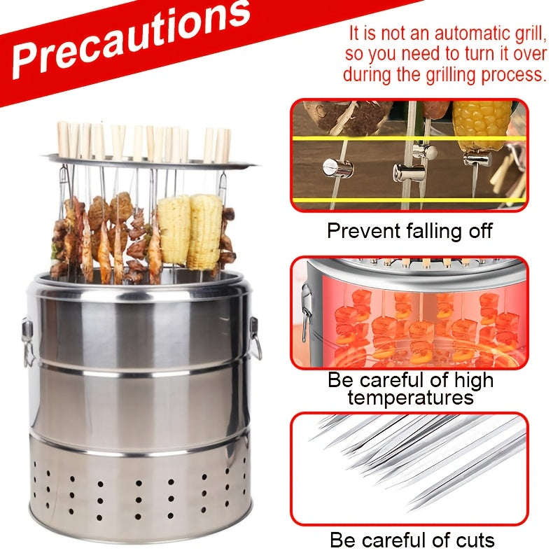 Portativ tutunsiz ko'mir qopqog'i bilan zanglamaydigan po'latdan yasalgan atrofdagi osilgan pech, ochiq havoda tutunli grill. 60 ta shish, 2 ta ziravorlar shishasi, 1 ta grill tarmog'i va 10 ta fixatorni o'z ichiga oladi. Oson