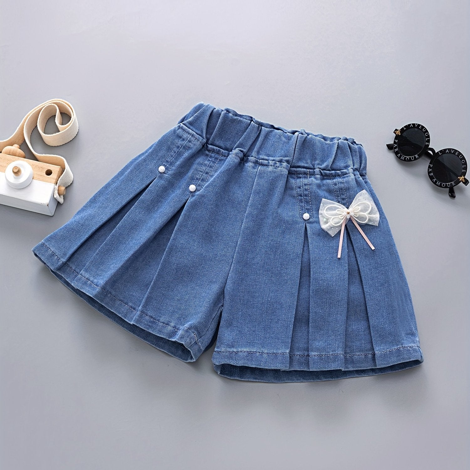 Girls' Denim Pleated Skirt and Ruffled Shorts for Summer with Elastic Waist