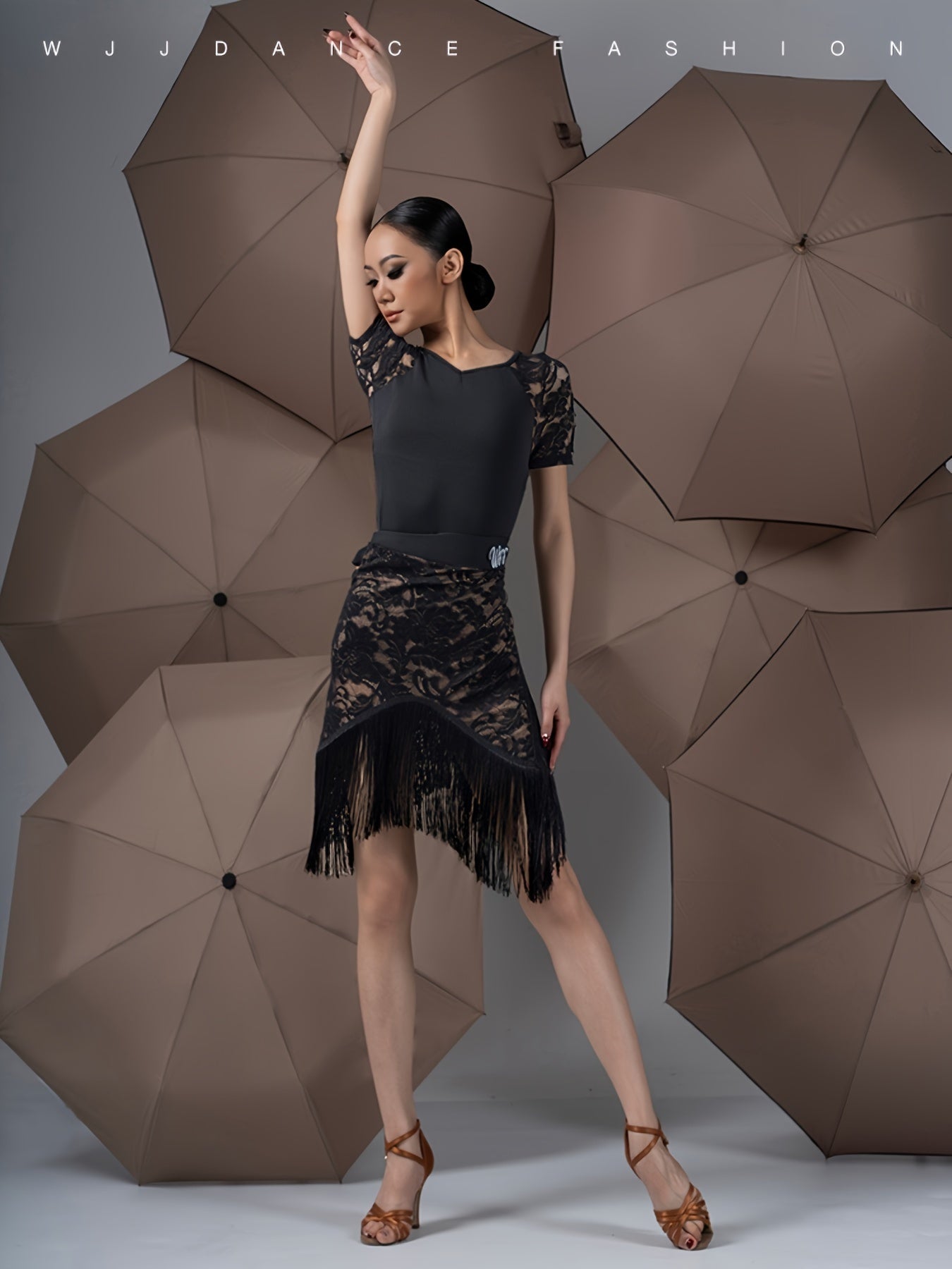 Falda de baile latino para mujer talla plus con doble capa de encaje, borlas y diseño asimétrico