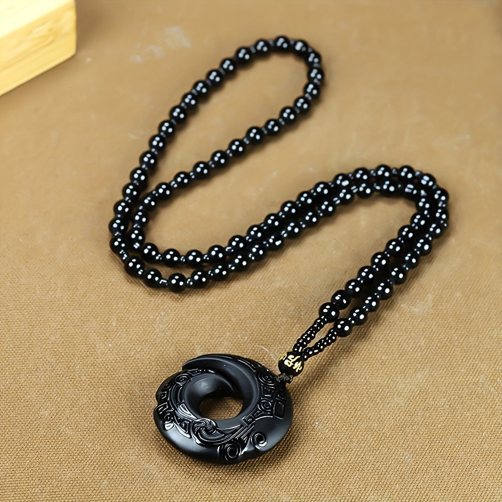 Obsidian Pendant Necklace Natural Stone Good Luck Jewelry Unisex Gift