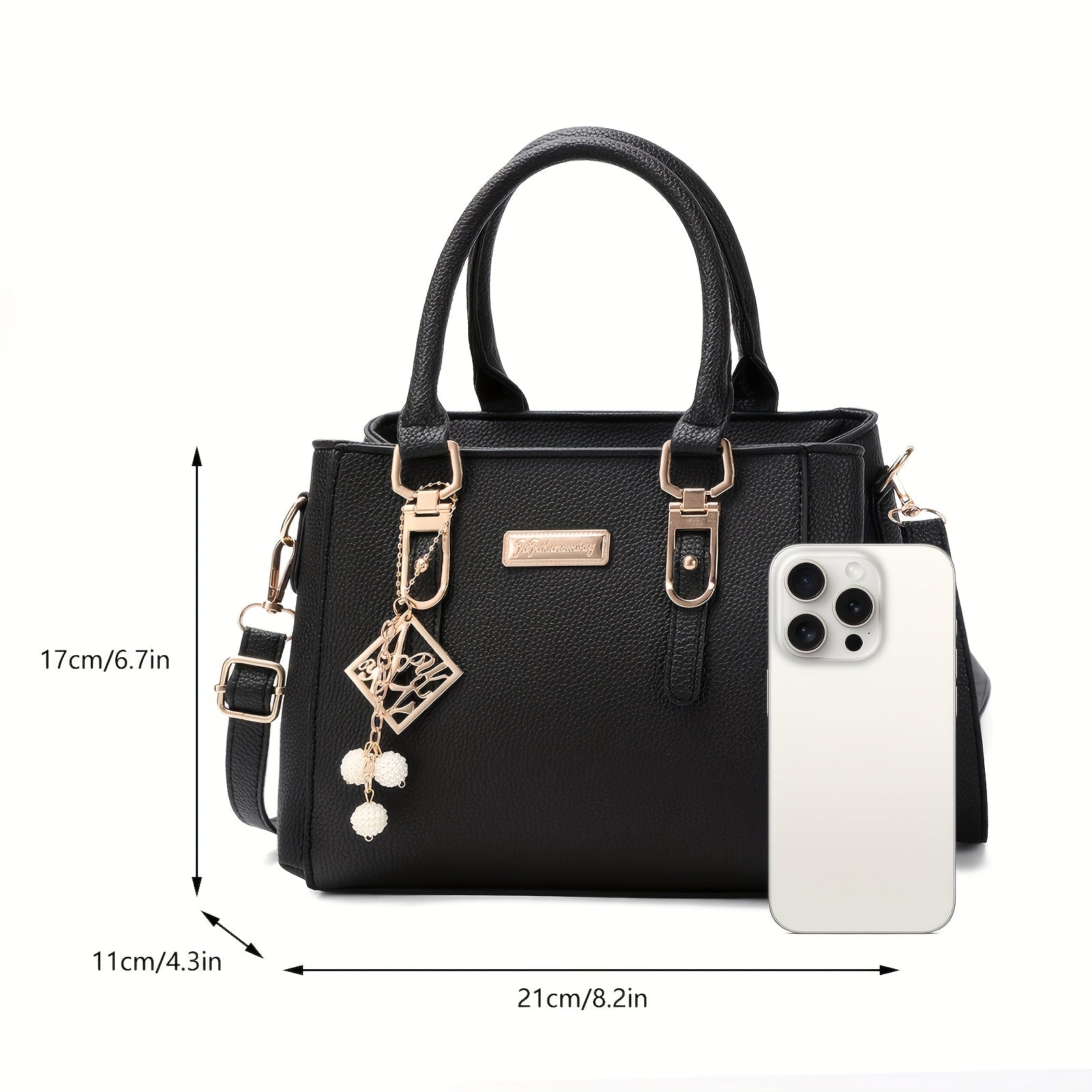 Women's Black Imitation Handbag with Lattice Pattern Spacious Multifunctional Crossbody Zipper Closure