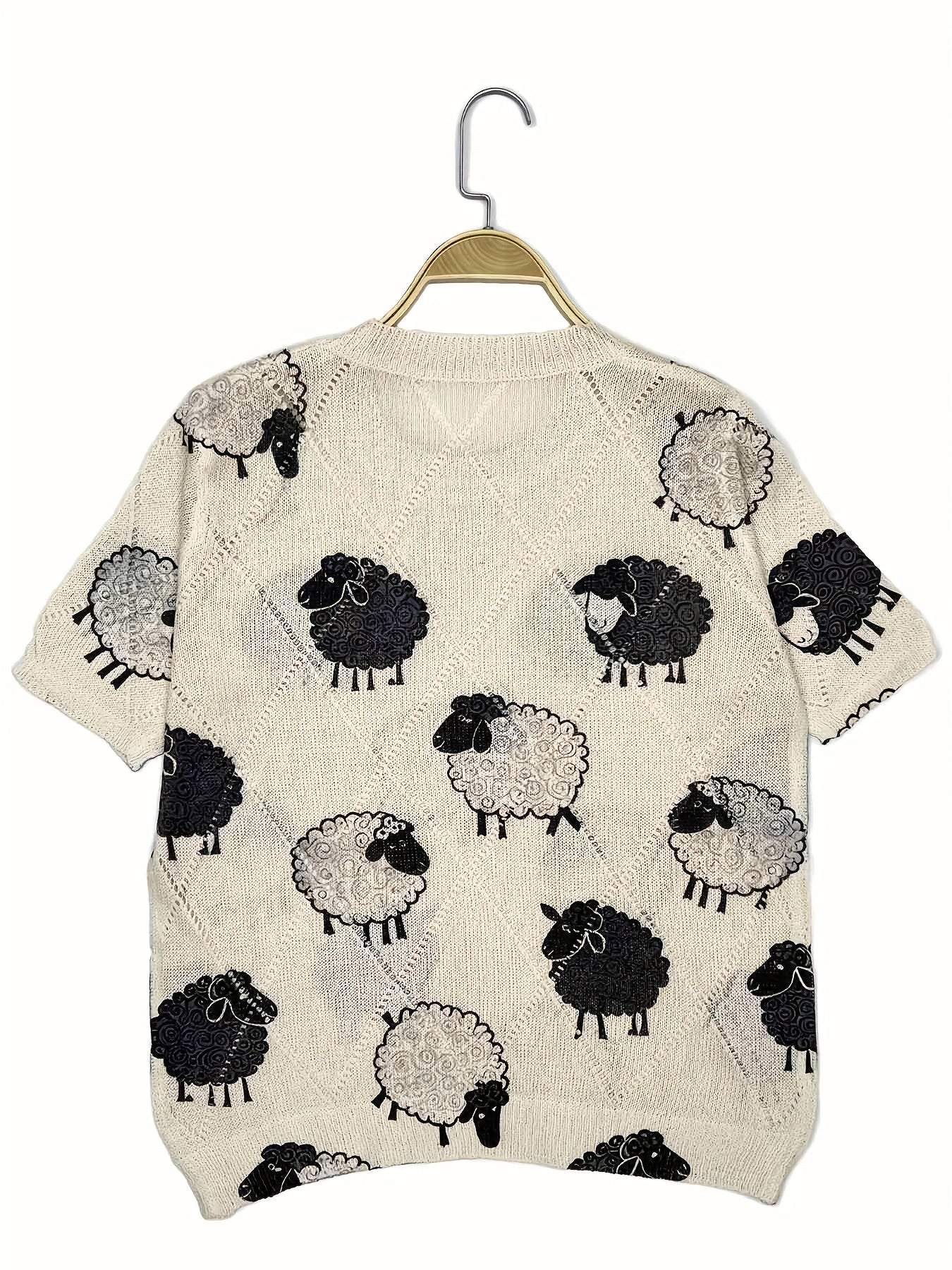Women's Short Sleeve Sweater with Sheep Print Light Beige Oversized Casual Top