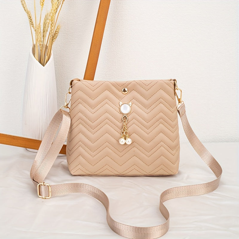 Quilted Crossbody Bag with Adjustable Strap Faux Pearl Embellishment Chevron Pattern in Khaki White Pink Black