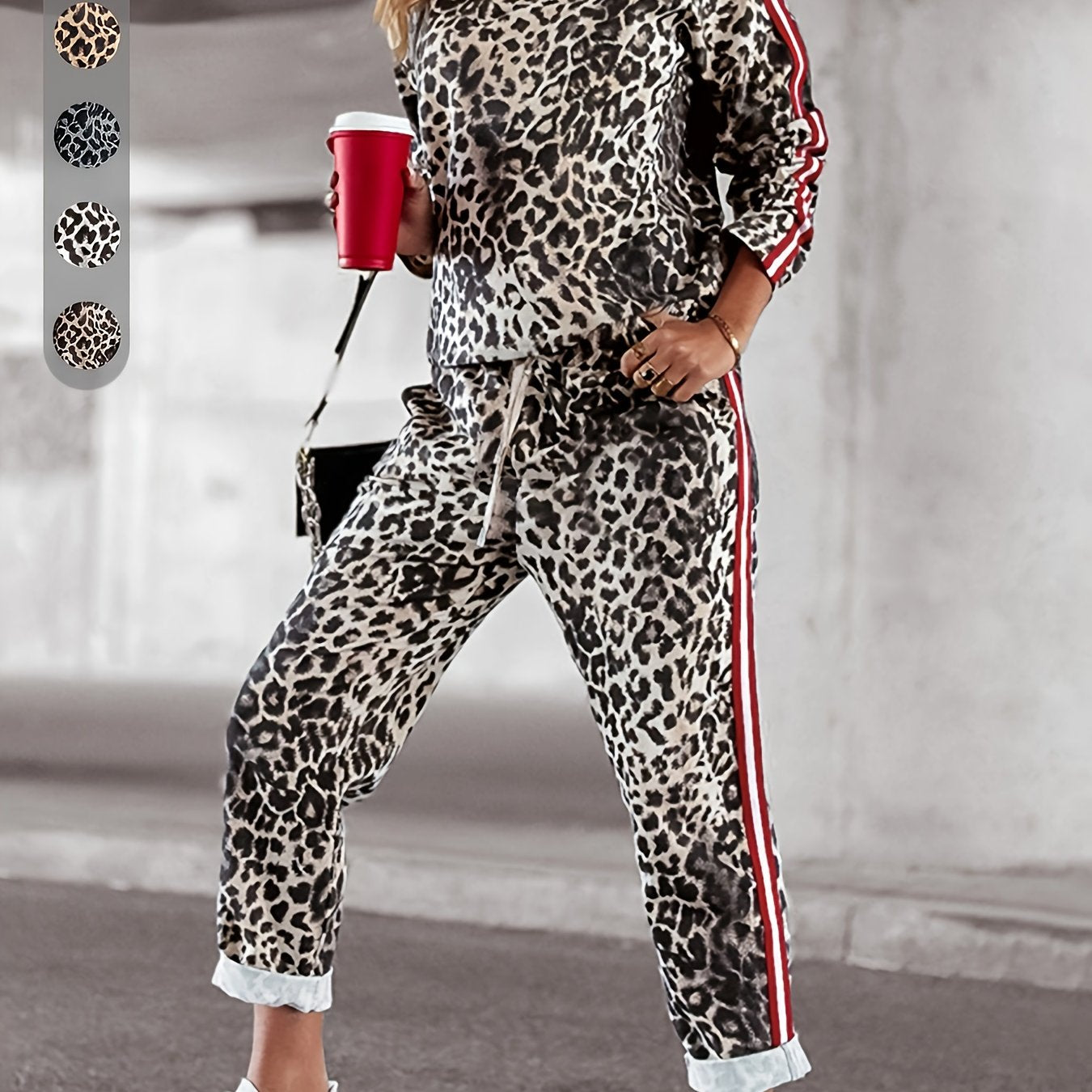 Women's Long Sleeve Leopard Print Two-Piece Set with Pockets for Spring and Fall