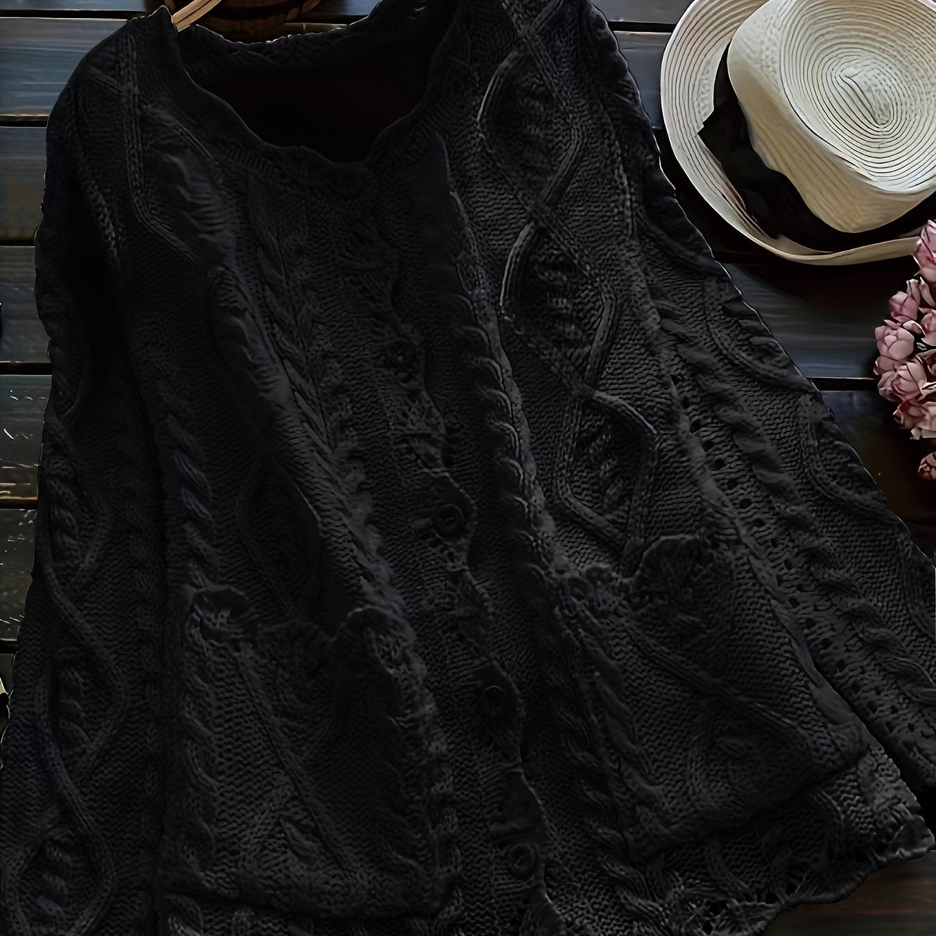 Women's Light Blue Casual Knit Cardigan with Lace Detailing and Round Neck