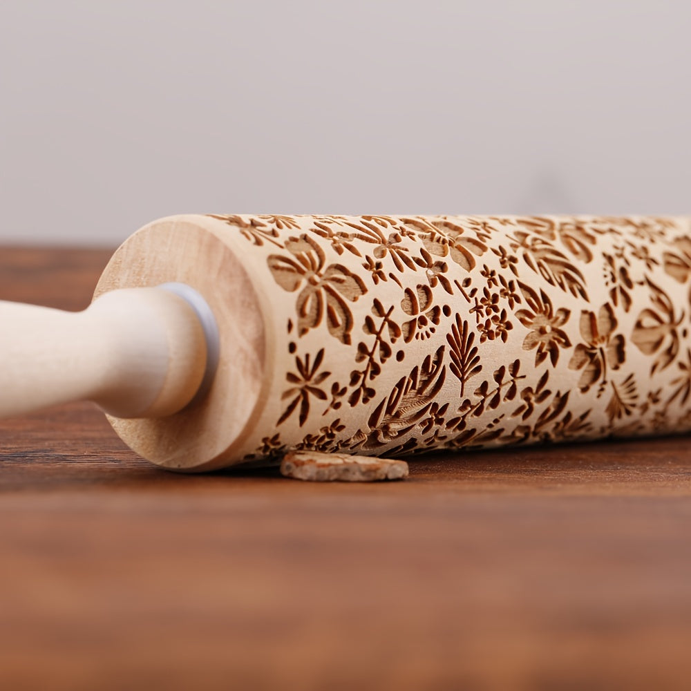 Wooden Embossing Dough Roller with Flower and Leaf Design 34.8cm Kitchen Utensil