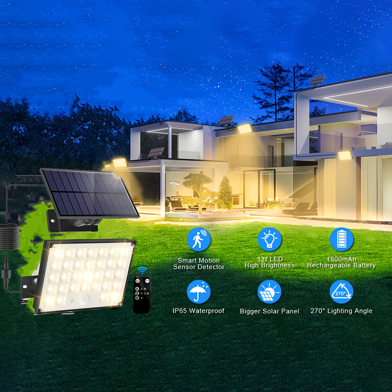 127 LED Warm White Outdoor Solar Light with Motion Sensor and Remote Control