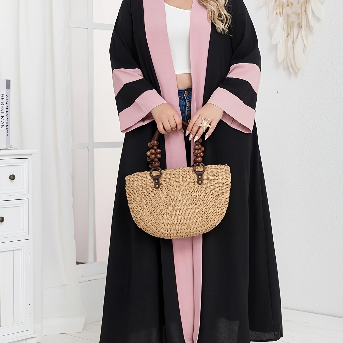 Plus size ayollar uchun kardigan ro‘ba kontrast patchwork mini kiyim