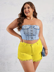 Women Denim Shorts Distressed High-Waist Stretchy Raw Hem Spring Summer