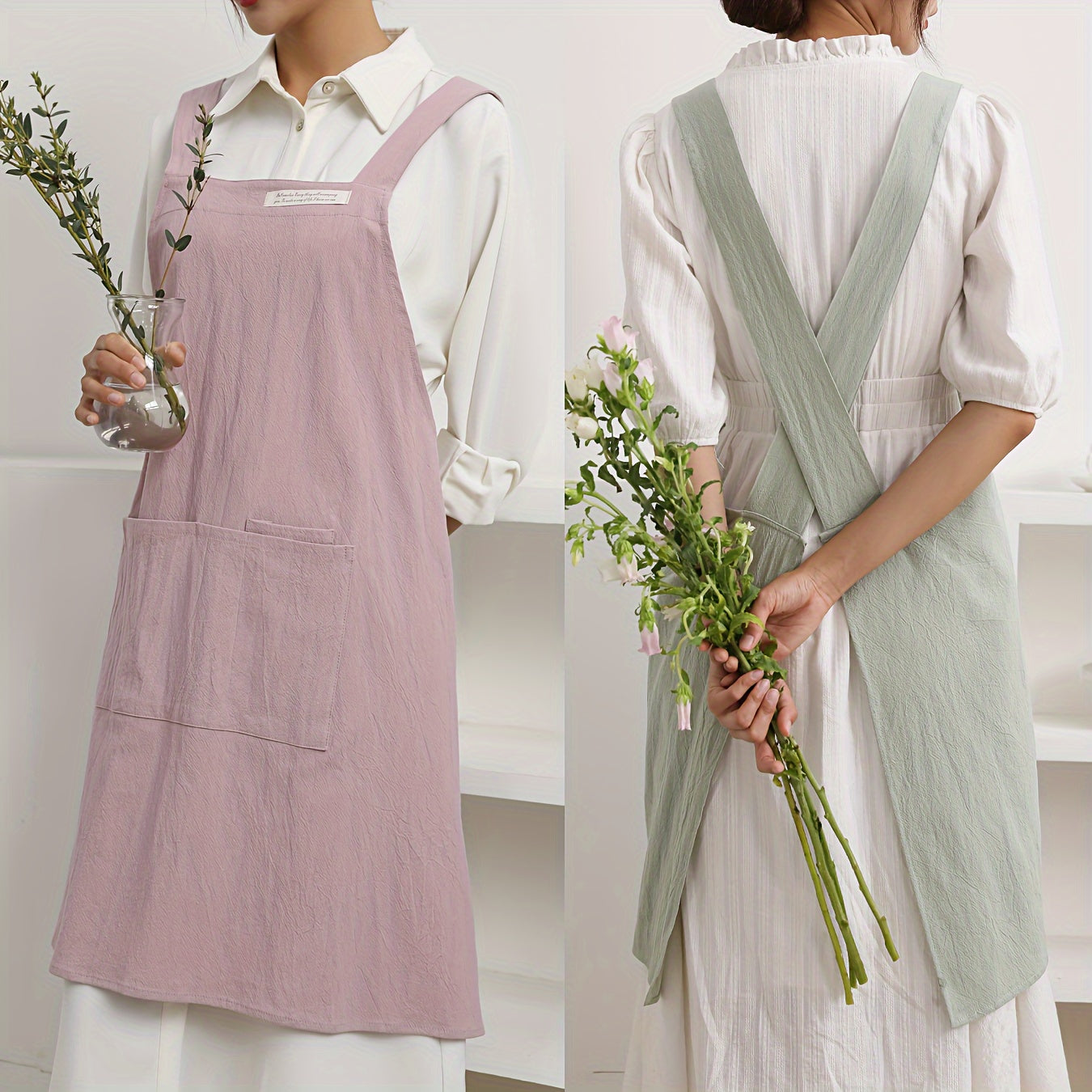 Linen Apron with Cross Straps and Pockets for Gardening Cooking Baking Painting