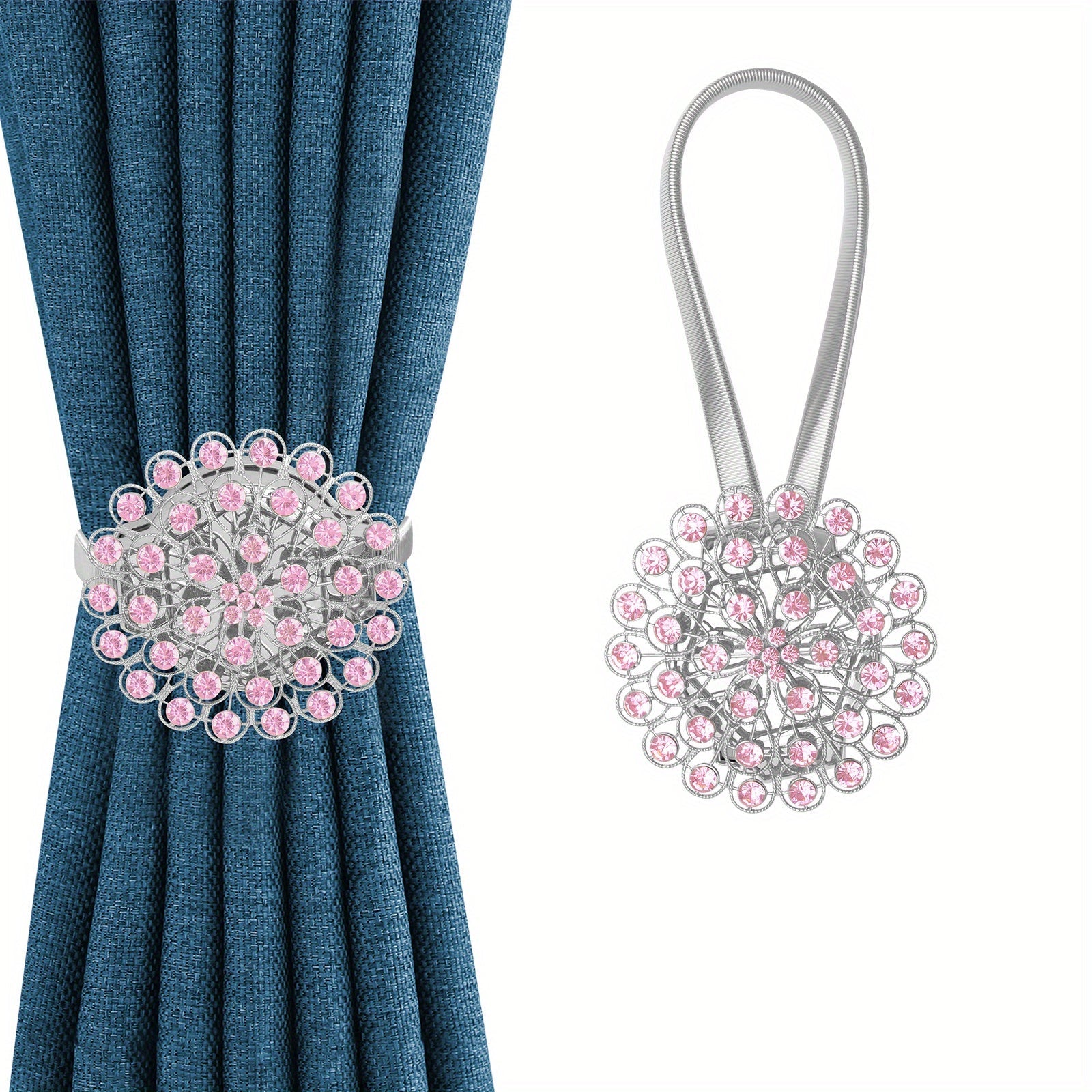 Magnetic Curtain Tieback with Crystal Flower and Elastic Spring Wire for Home Office