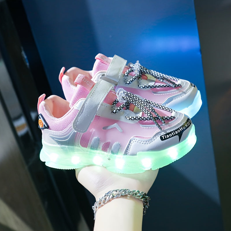 Kids LED Light-Up Sneakers Breathable Mesh Non-Slip Soft Sole for Boys Girls Toddler Children in White Blue Orange