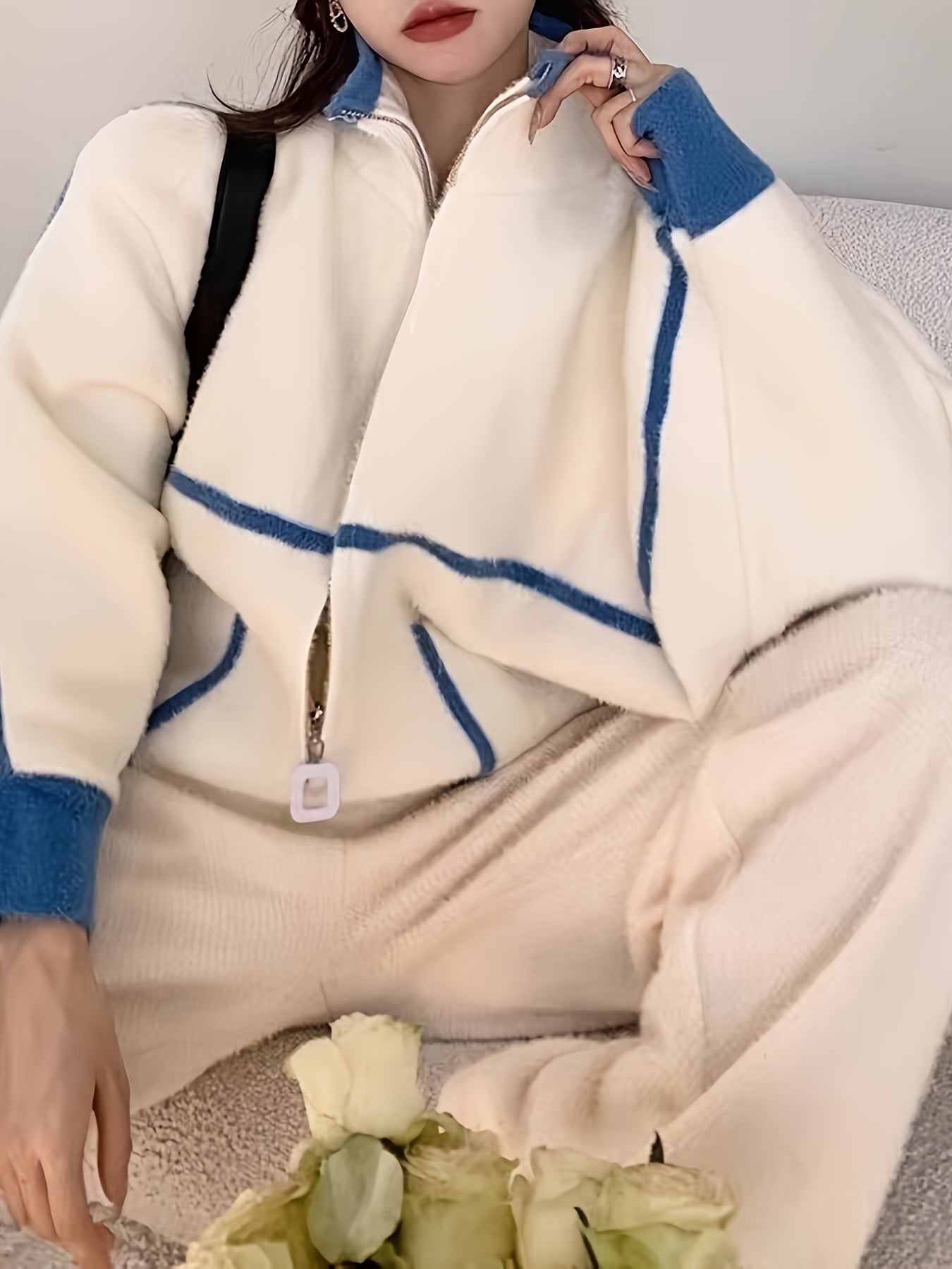 Women's Red Polyester Knit Cardigan with Hooded Zip-Up Jacket and Contrast Trim