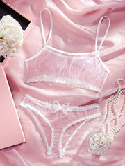 Women's Sheer Polka Dot Velvet Mesh Lingerie Set with Bow Panties