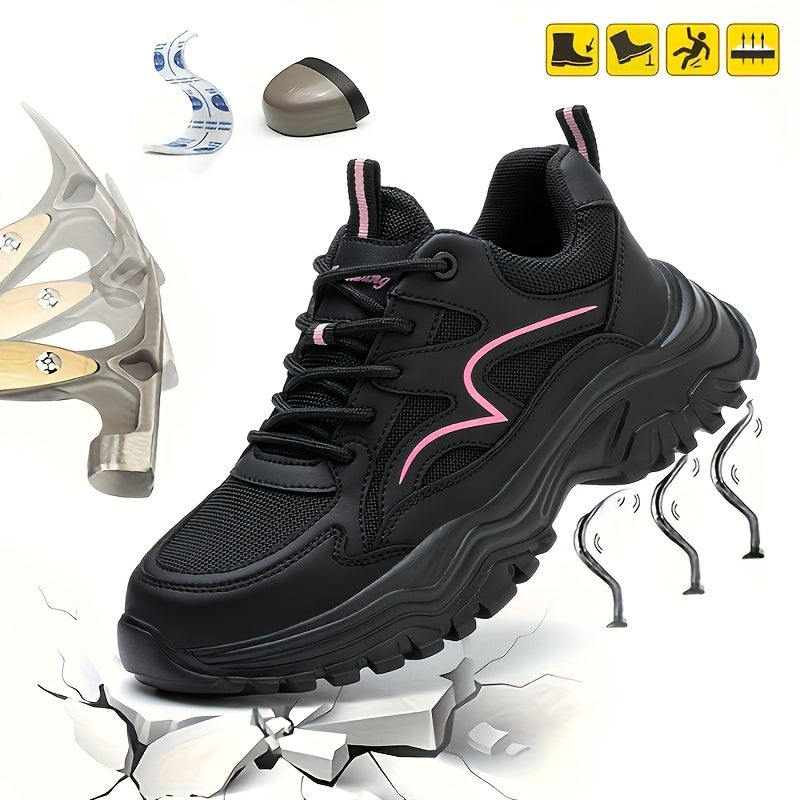 Women’s Lightweight Safety Shoes Black Pink Breathable Anti-Puncture Durable Rubber