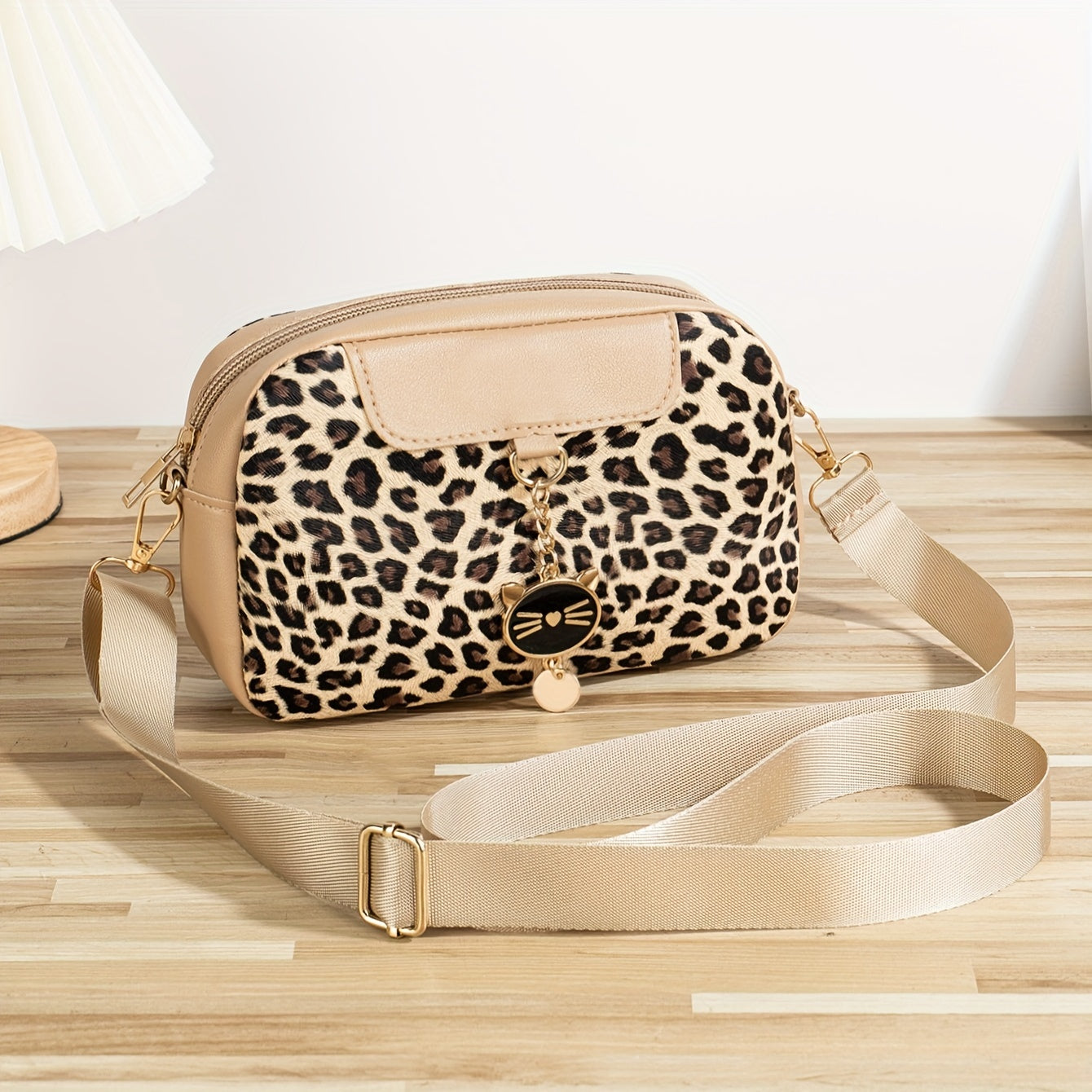 Leopard Print Crossbody Bag for Women with Adjustable Strap Cat Charm Zipper Closure
