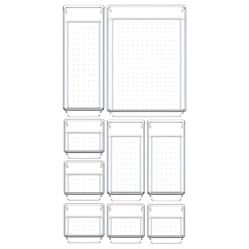 Set of 9 Clear Plastic Drawer Organizers for Bathroom Kitchen Makeup and Office Storage