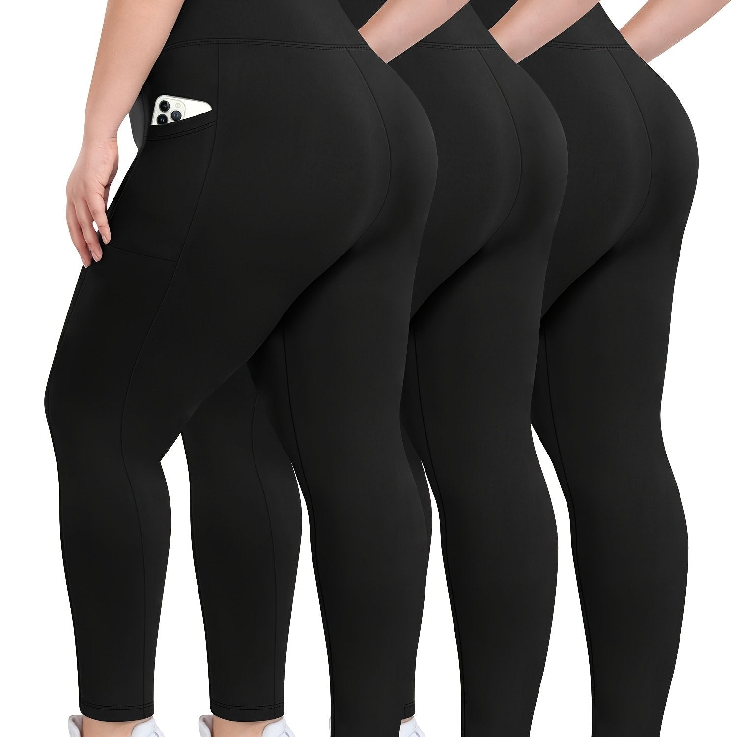 Women's Black High-Waisted Plus Size Yoga Leggings 3 Pack with Pockets