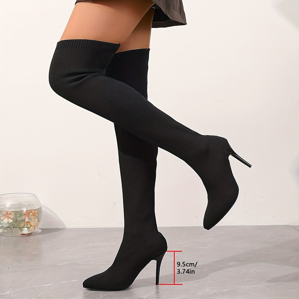 Women's Black Over-the-Knee Stretch Boots with Pointed Toe and Stiletto Heels