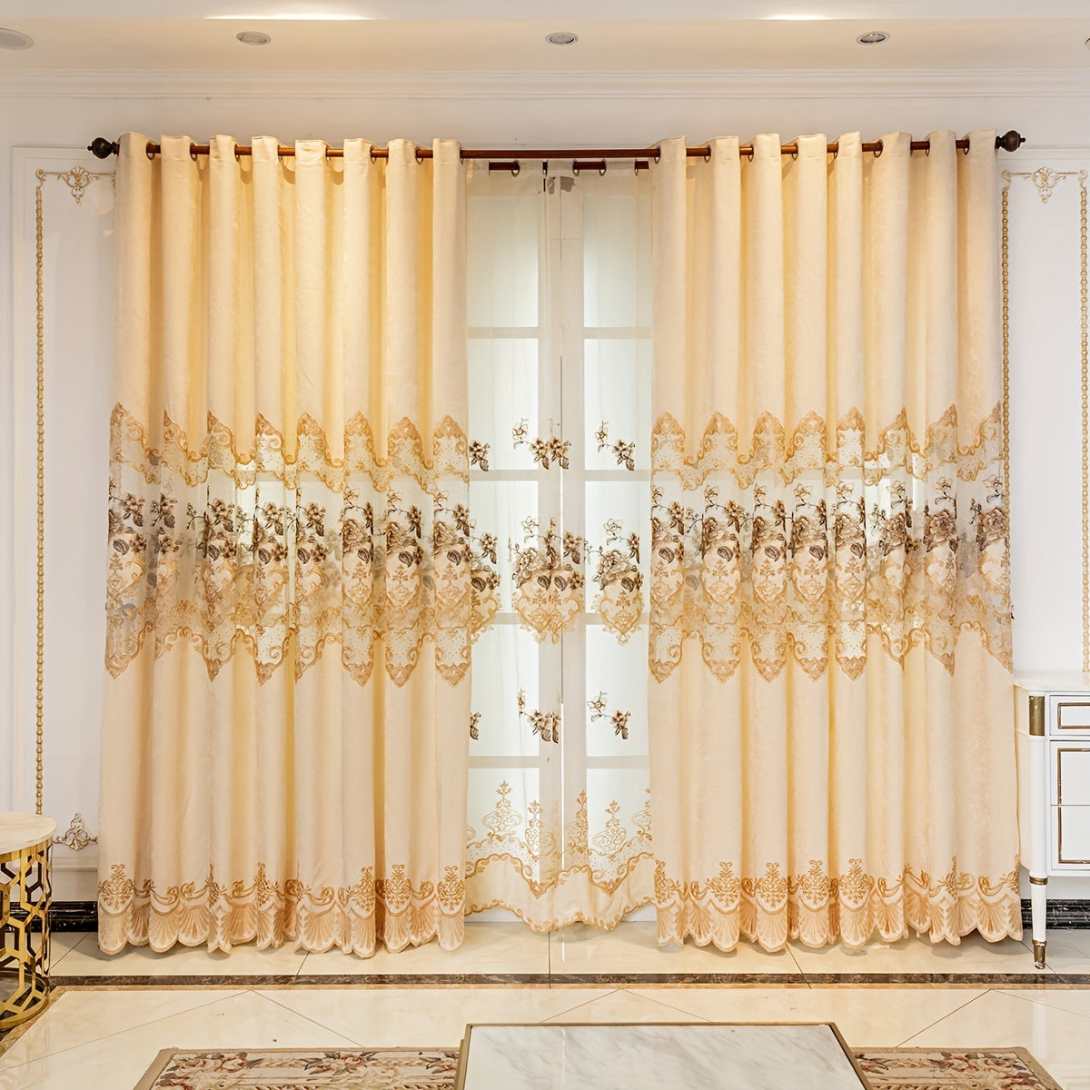 European-Style Thick Embroidered Curtains with Chenille Floral Designs and Translucent Yarn Finish for Living Room and Bedroom