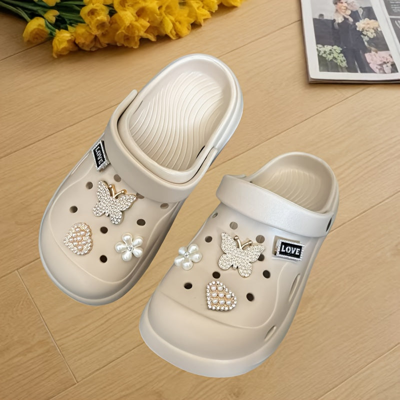 Women's EVA Clogs with Rhinestone Butterfly and Heart Charms, Summer Beach Sandals, White