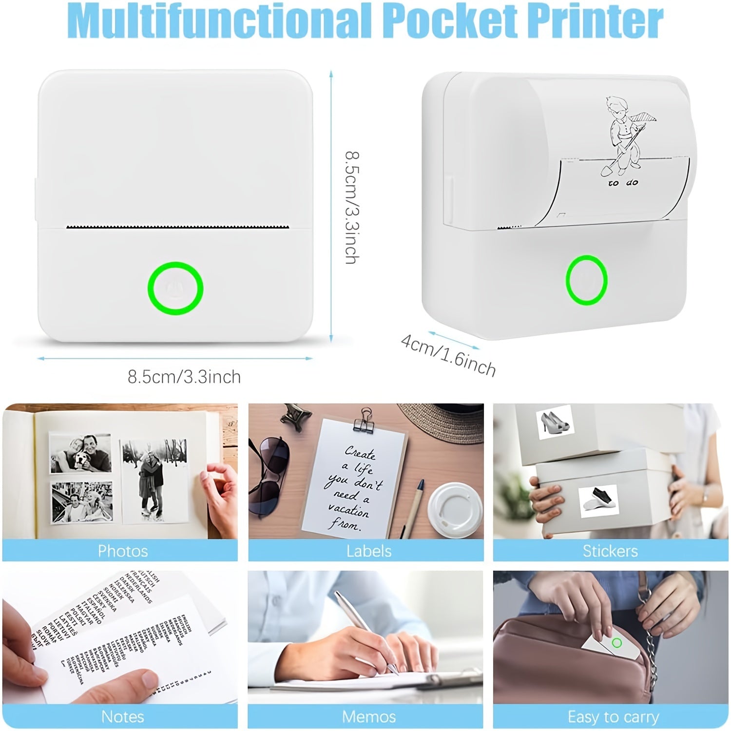 Portable Thermal Printer with Self-Adhesive Sticker Rolls for Photos Labels and Text