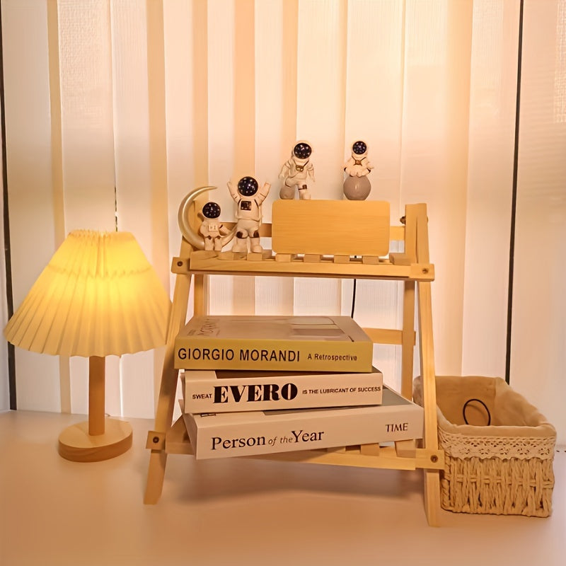 Modern Foldable Wooden Double-Layer Desktop Ladder Shelf for Dorm Rooms