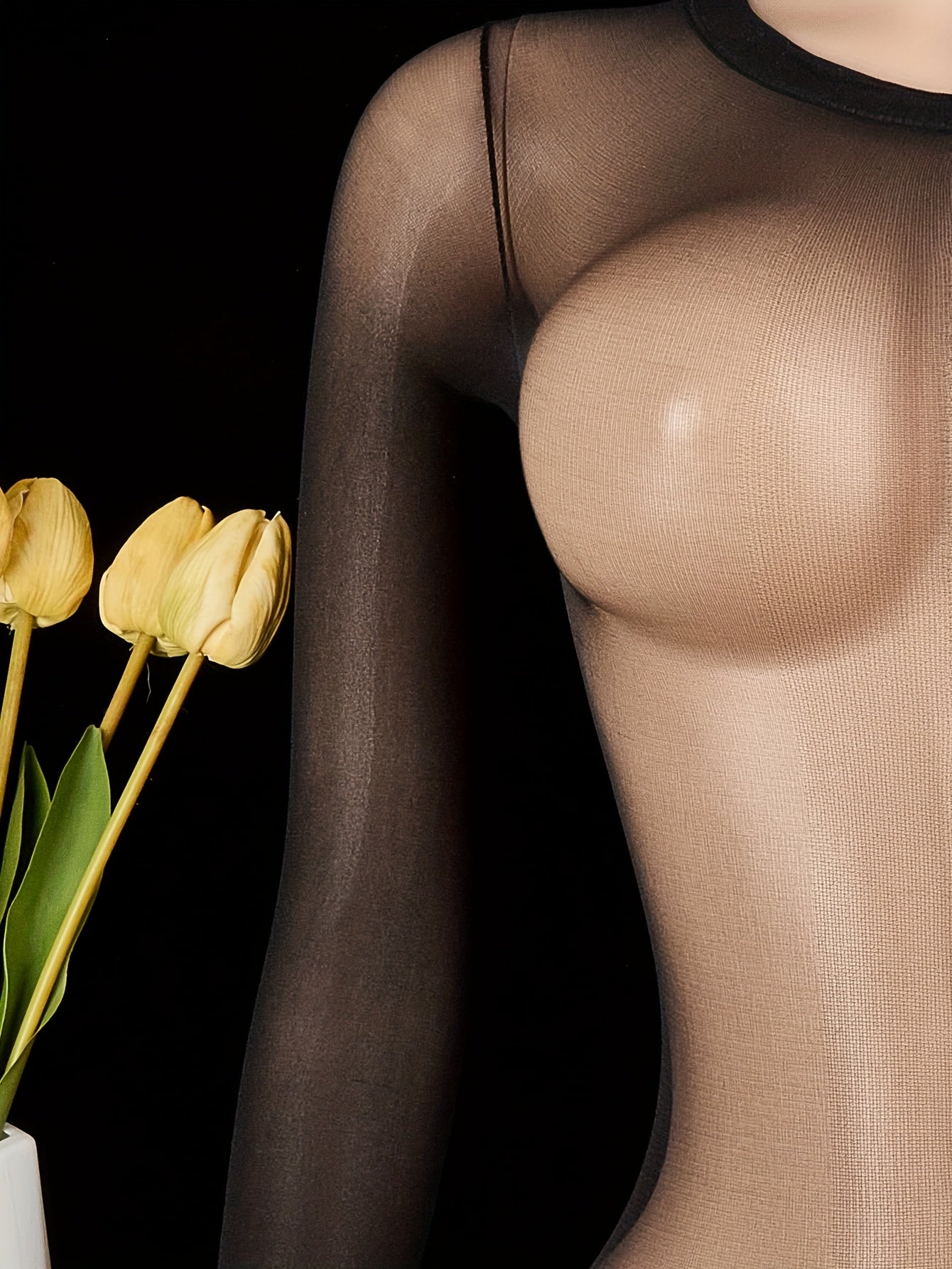 Black Mesh Lingerie Bodysuit with Open Crotch and Stockings for Valentine's Day