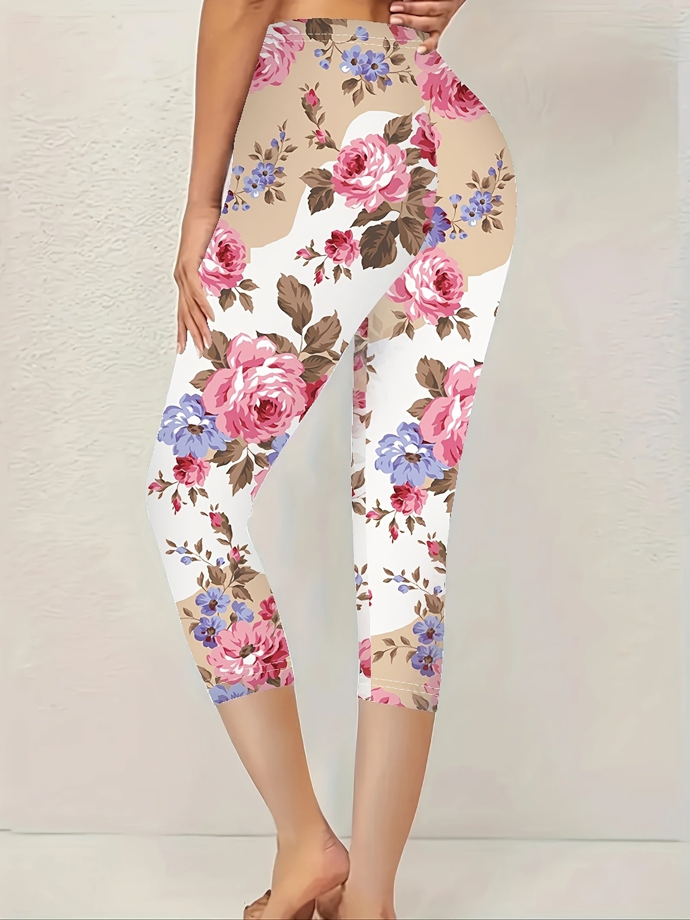Women's Plus Size Floral Print Capri Leggings Stretch Waist Pink Blue Rose
