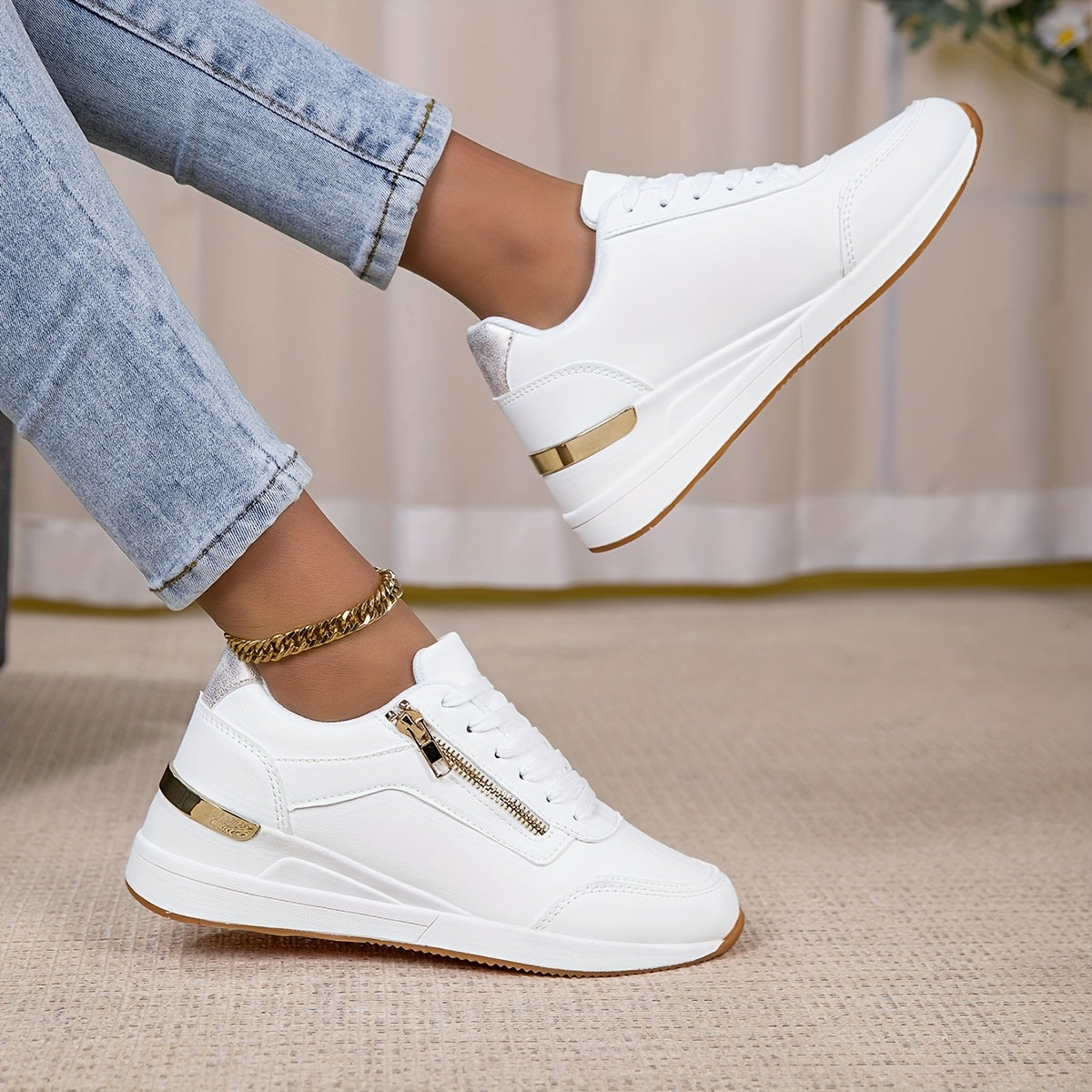 Women's White Low-Top Sneakers with Metallic Accents and Anti-Slip Sole