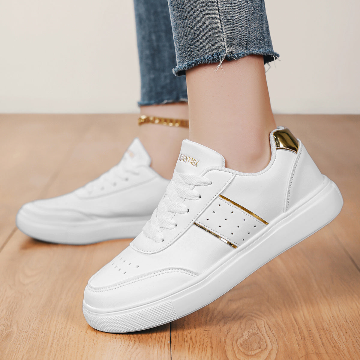 Women’s Casual Sneakers White with Gold Accents Comfortable Lace-Up Shoes