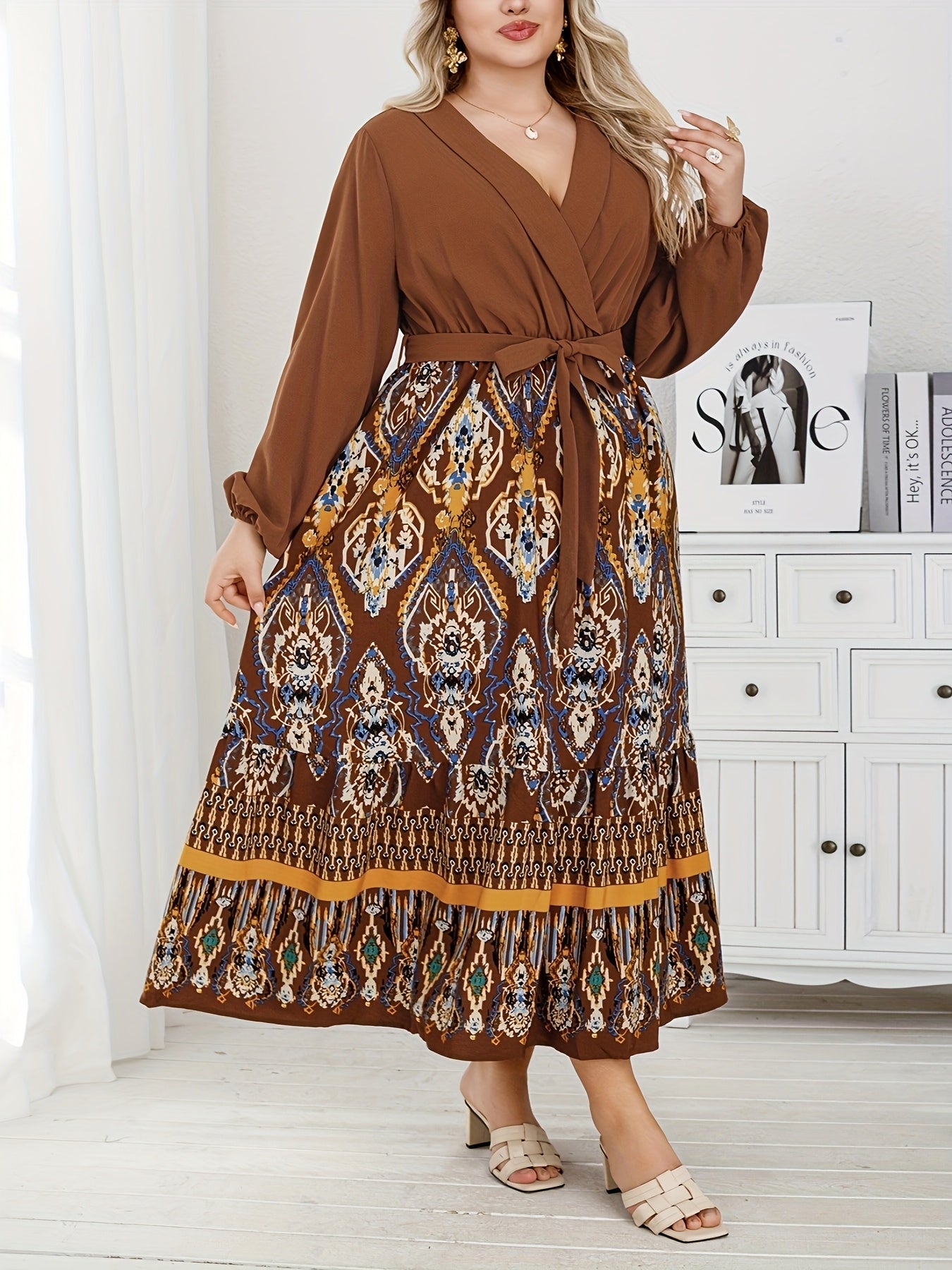 Vestido túnica de talla grande para mujer con escote en V, poliéster, para todas las estaciones, con cinturón de tejido