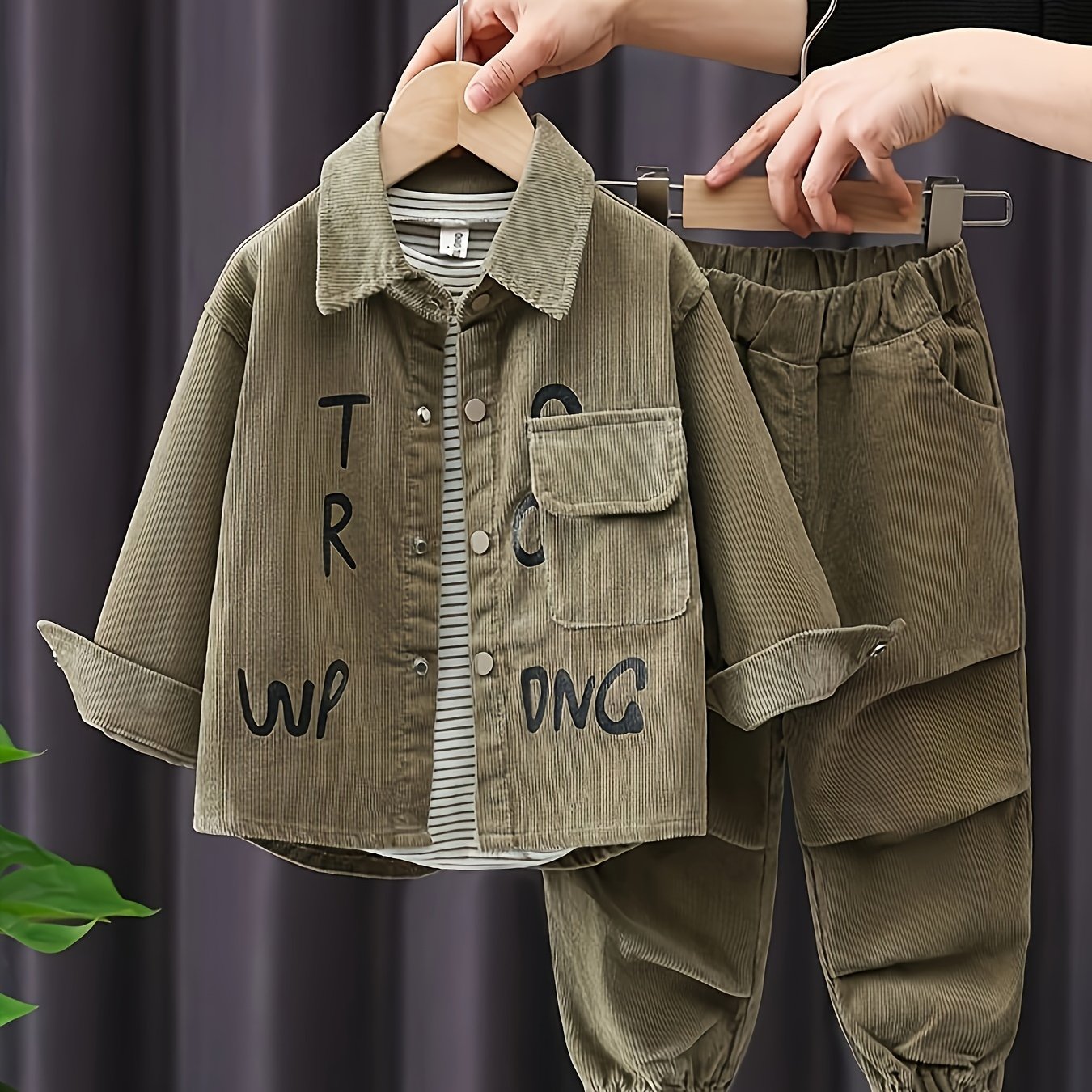 Boys' Spring and Autumn Suit with Letter Print and Corduroy Jacket for Outdoor Activities