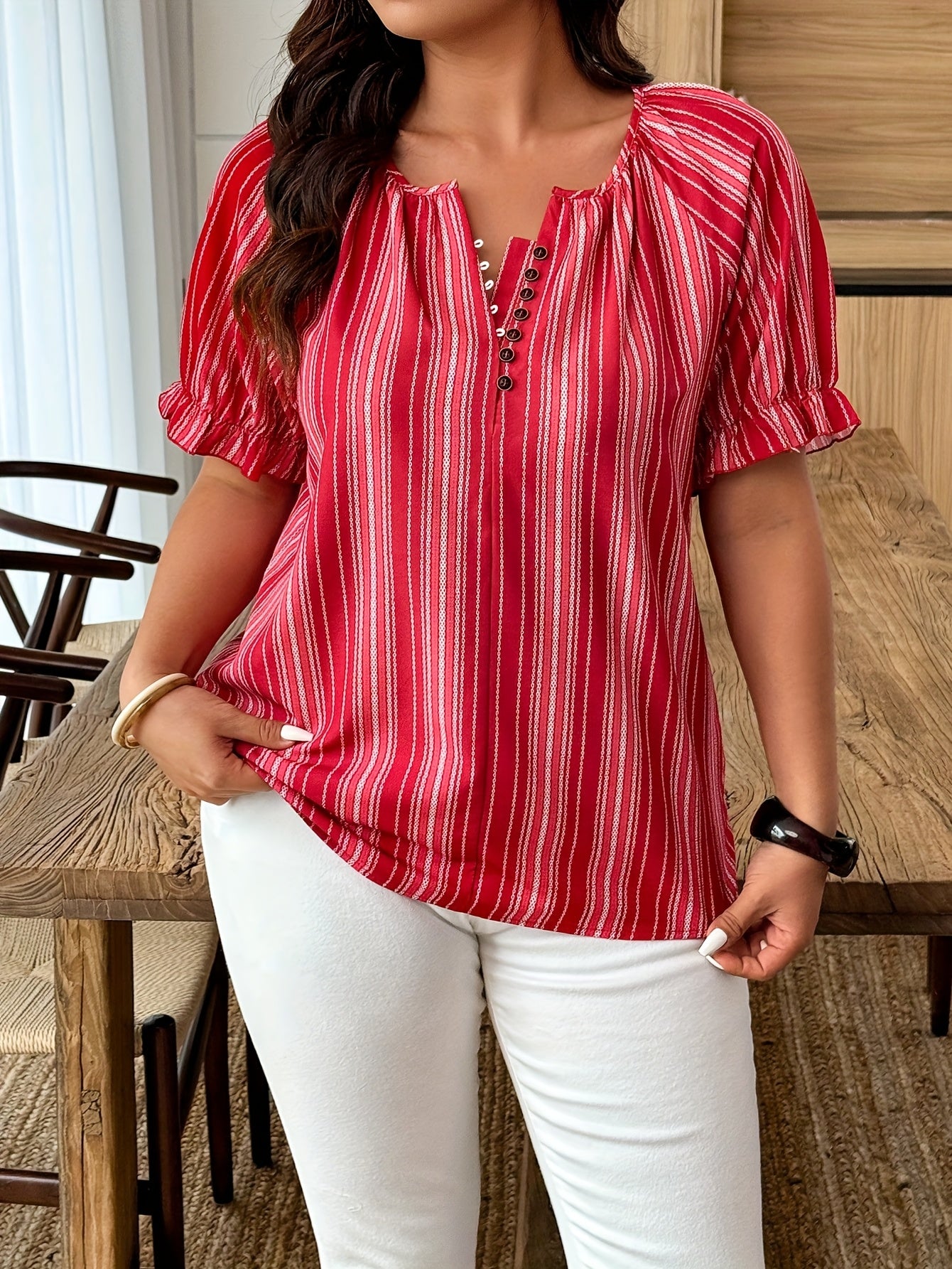 Women's Plus Size Red White Striped Short Sleeve Blouse V-Neck