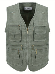 Men's Sleeveless Zip-Up Vest Jacket with Multiple Pockets for Outdoor Work and Activities