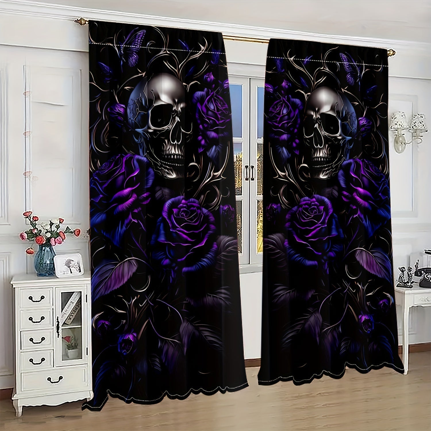 Semi-Transparent Halloween Skull and Butterfly Chrysanthemum Curtains Set of 2 Privacy Drapes for Living Room Bedroom
