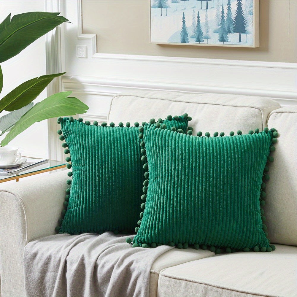 Набор из 2-х бохо наволочек для подушек с помпонами и акцентом из вельвета. Сплошные квадратные подушки для различных пространств. (18x18 дюймов/45x45 см). ВКЛЮЧЕНИЯ НЕ ВХОДЯТ.